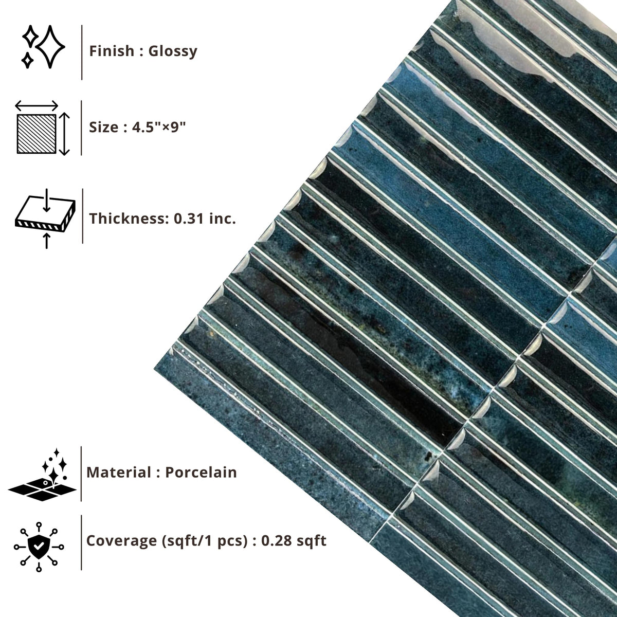 Scandia Glossy Ocean Blue 4.5x9 Ribbed Porcelain Wall Tile, 3D KitKat Fluted Decorative Tile Backsplash, Bathroom