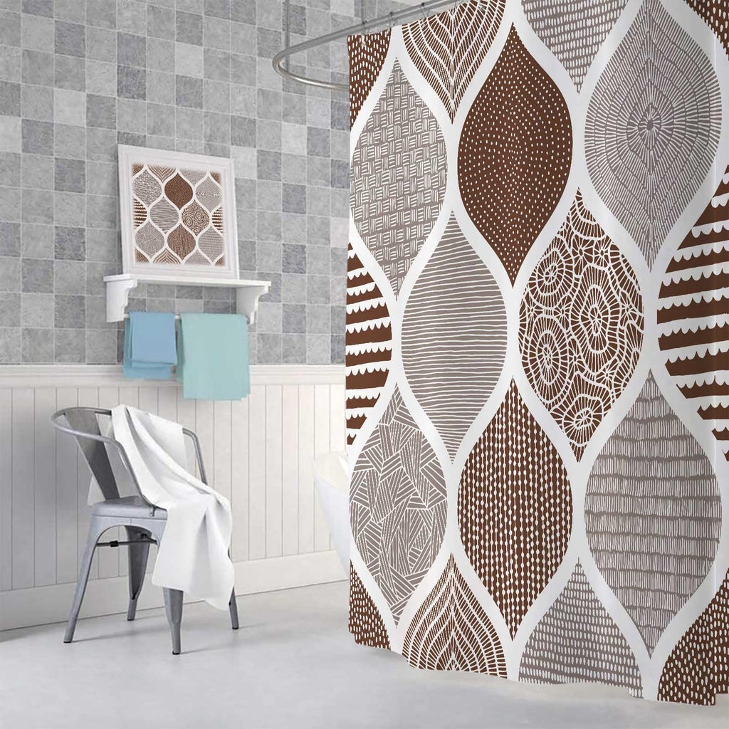 Tan and Grey Shower Curtain, Brown Retro Bohemian Geometric Fabric Shower Curtains Set Decorative, Boho Modern