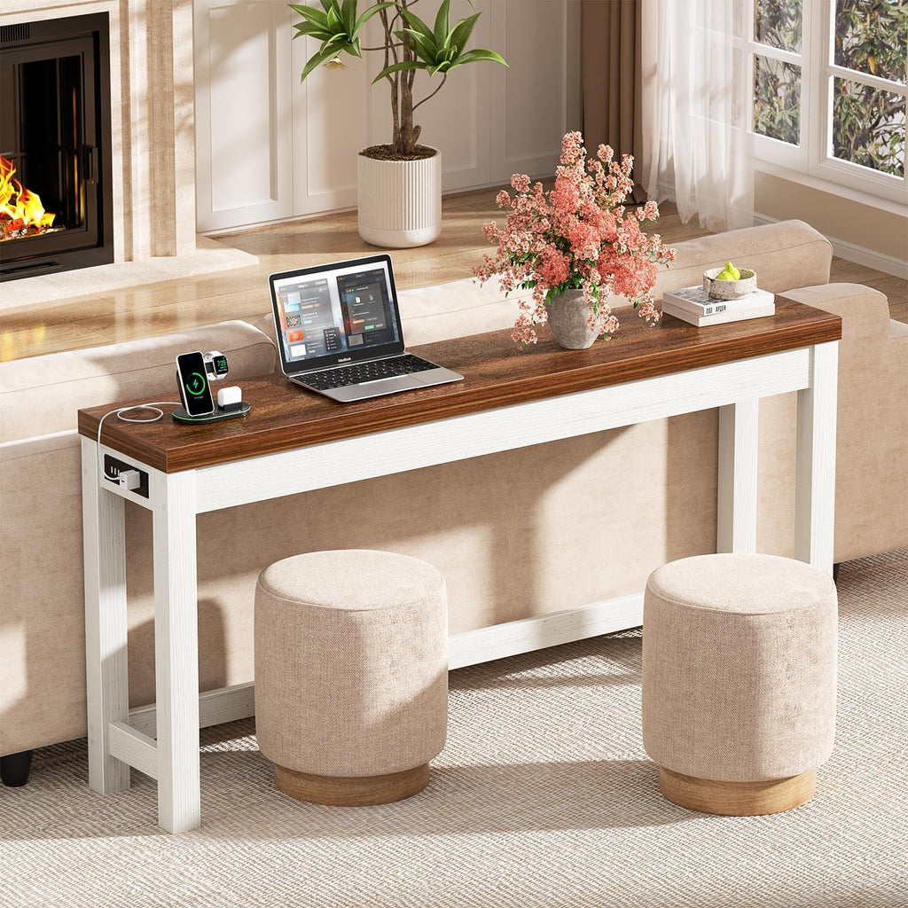 63" Console Table with 2 AC Outlets & 3 USB Ports, Rustic Oak