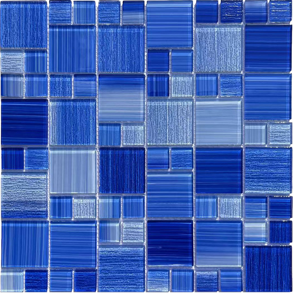 Cobalt Blue Glass Mosaic Tile,12X12 inches Glossy & Lines, Pool Tiles,Kitchen Backsplash Tiles,Bathroom Border