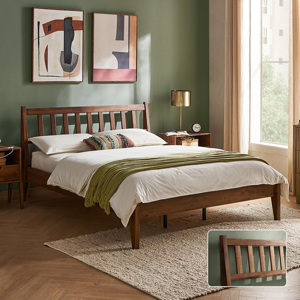 Ted Bed Frame with Headboard, Mid Century Modern Acacia Solid Wood Platform Bed Frame, Wooden Slats, No Box Spring