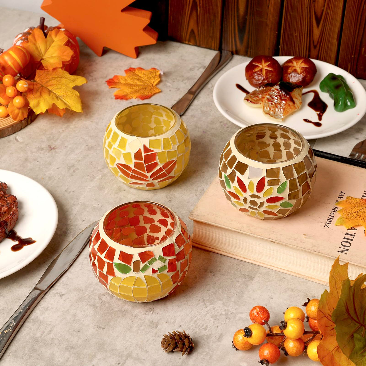 Fall Candle Holder Set of 3 Mosaic Maple Leave Sunflower Tealight Holder Pumpkin Glass Thanksgiving Votive Candle