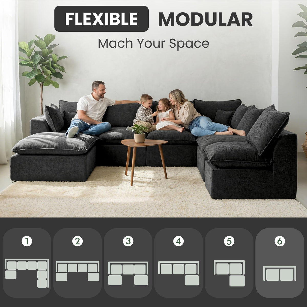 126" Oversized Cloud U-Shape Modular Couch, No Assembly, Black