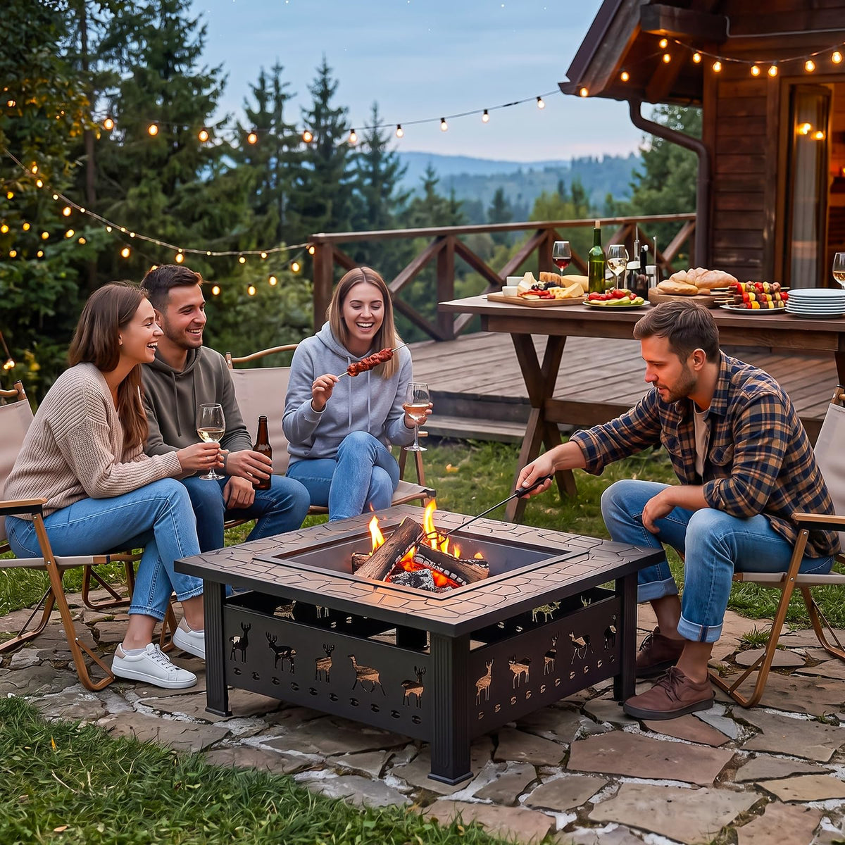 Outdoor Fire Pit, 32 Inch Wood Burning Firepits - Deer Design