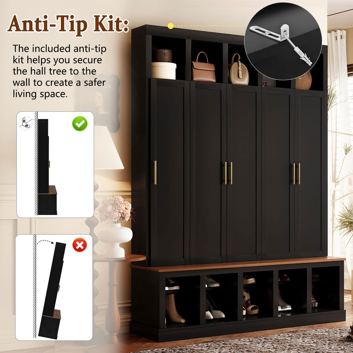 Hall Tree with Storage Cabinet, Shoe Rack and Display Cubbies