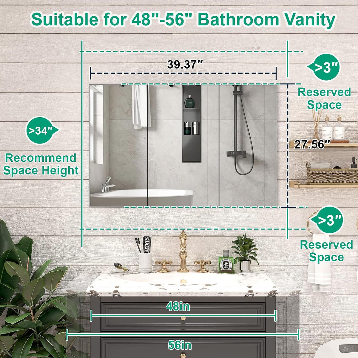40 x 28 Farmhouse Medicine Cabinet, Tempered Frameless Bathroom Mirror with Storage, Silver Recessed or Surface Mount