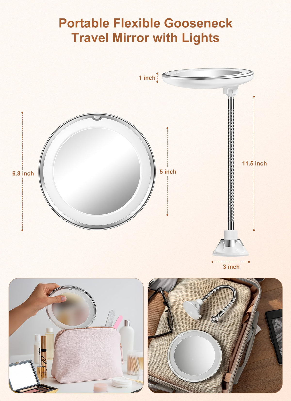 10x Magnifying Mirror with Light, Flexible Gooseneck Travel Make up Mirror