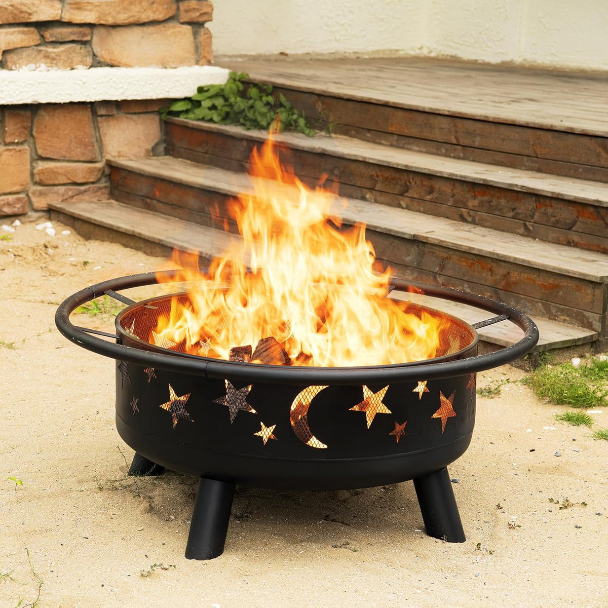 32 Inch Round Fire Pit with Mesh Cover, Fire Poker, Star and Moon Design, Metal Wood Burning Outdoor Firepit