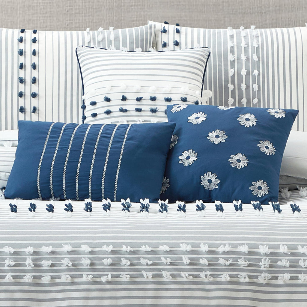 Comforter Set, Blue, Jacquard Clip Striped Design, Elegant Soft 7 Pieces Bedding Set for All Seasons, Matching