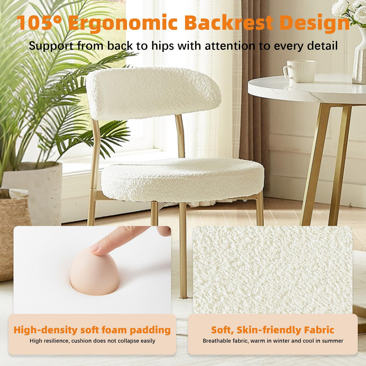 Beige Boucle Set of 2, Kitchen Dining Room Chairs Curved Backrest Upholstered Mid Century Modern Chairs with Golden
