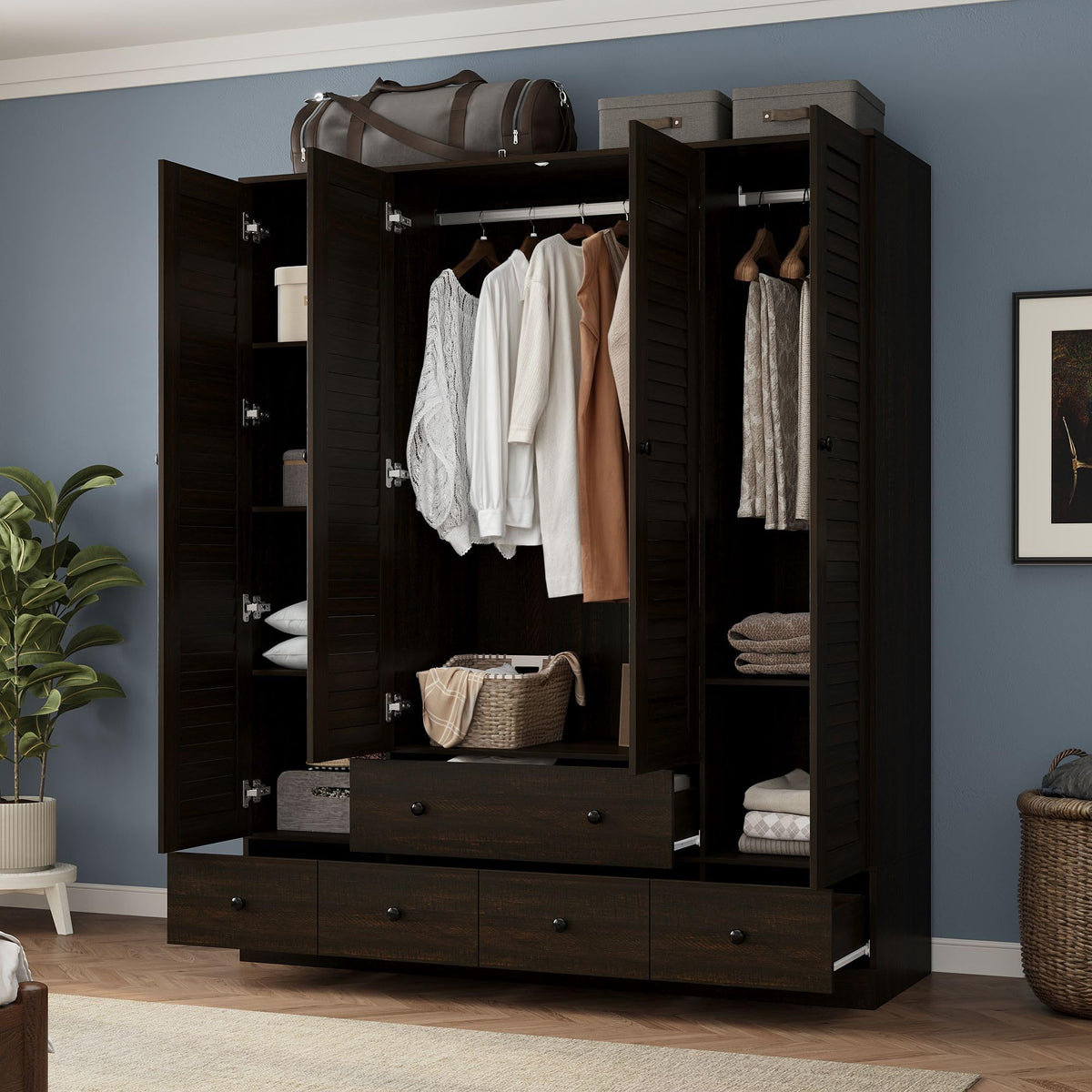 Almirah for Clothes, Tall Brown Bedroom Storage Wardrobe Closet Cabinet with Louvered Doors and Shelves, Large Wide
