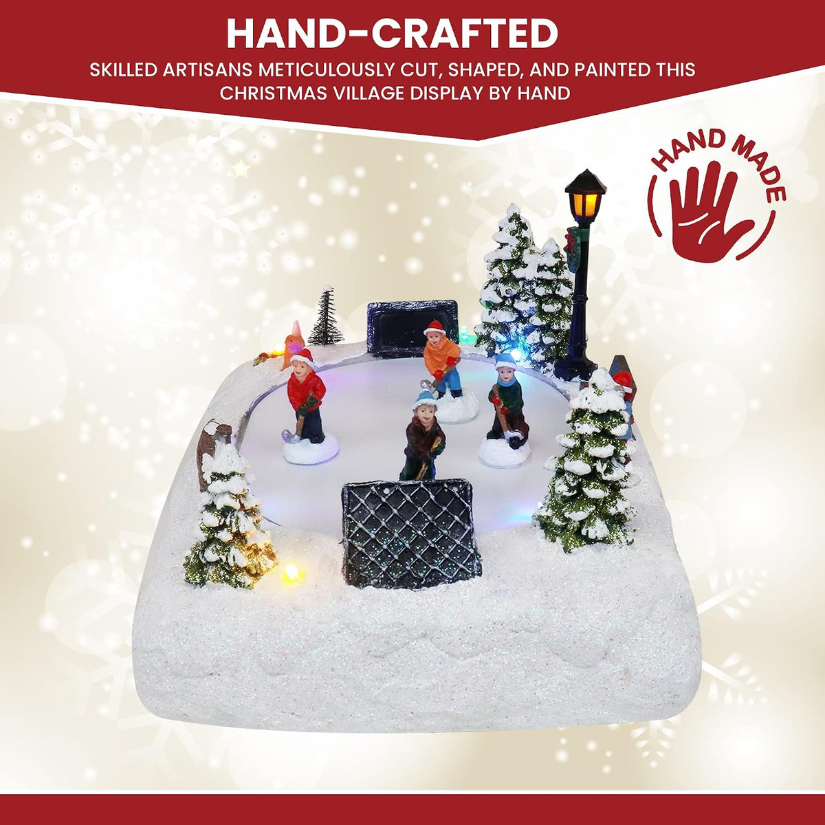 Christmas Village Tabletop Hockey Skating Rink - Animated Musical Pre-lit Winter Snow Village - Perfect Addition to