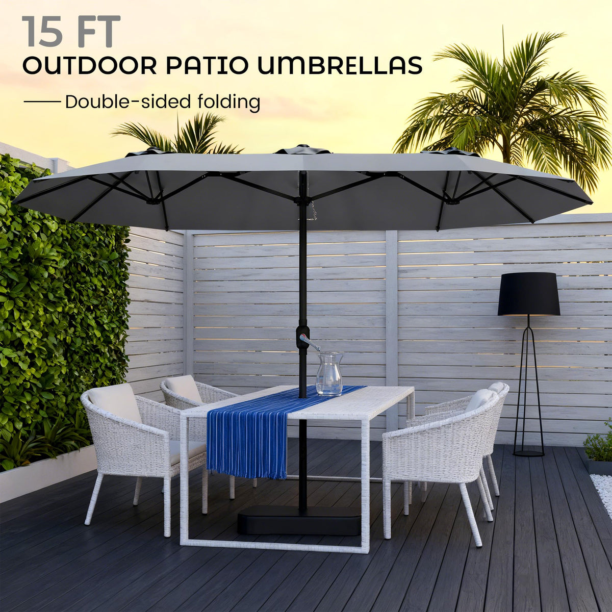 15ft Large Double-Sided Rectangle Patio Umbrella with Base Included, Gray