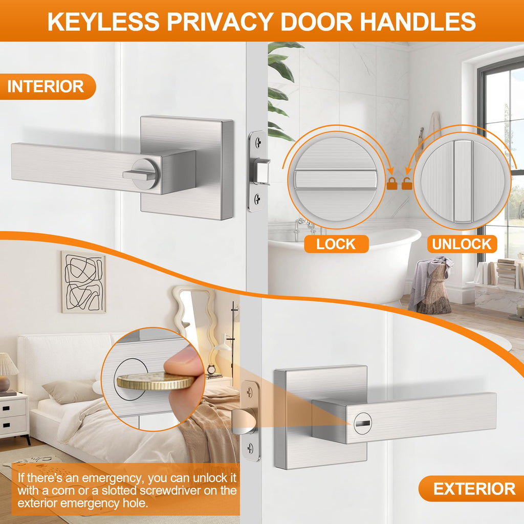 6 Pack Brushed Nickel Door Handle, Door Knobs Interior Heavy Duty, Flat Square Privacy Door Levers, Keyless Door