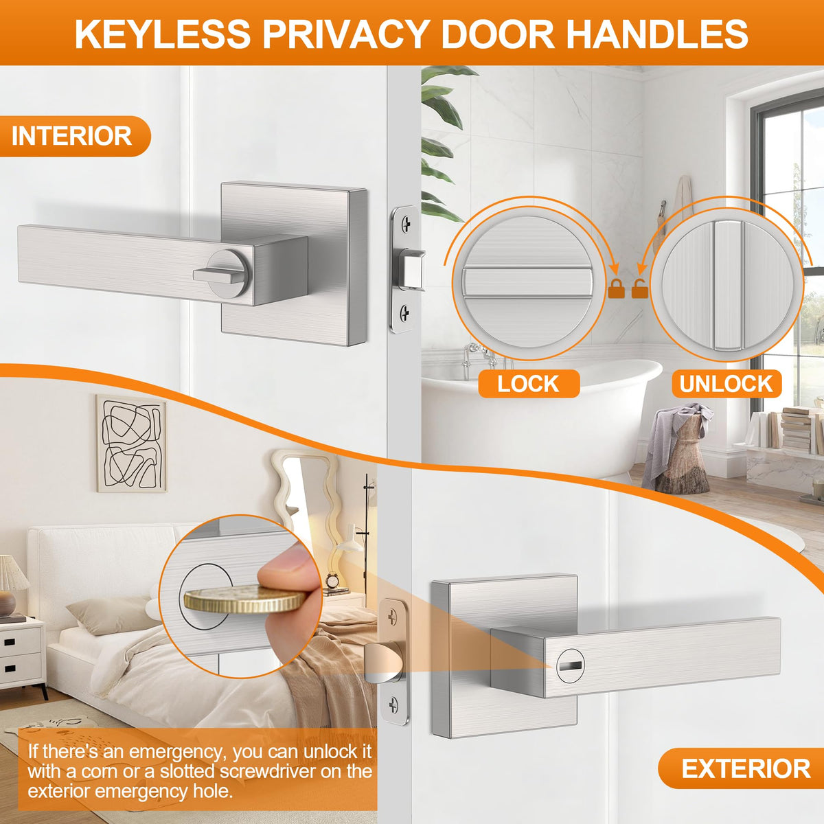 6 Pack Brushed Nickel Door Handle, Door Knobs Interior Heavy Duty, Flat Square Privacy Door Levers, Keyless Door