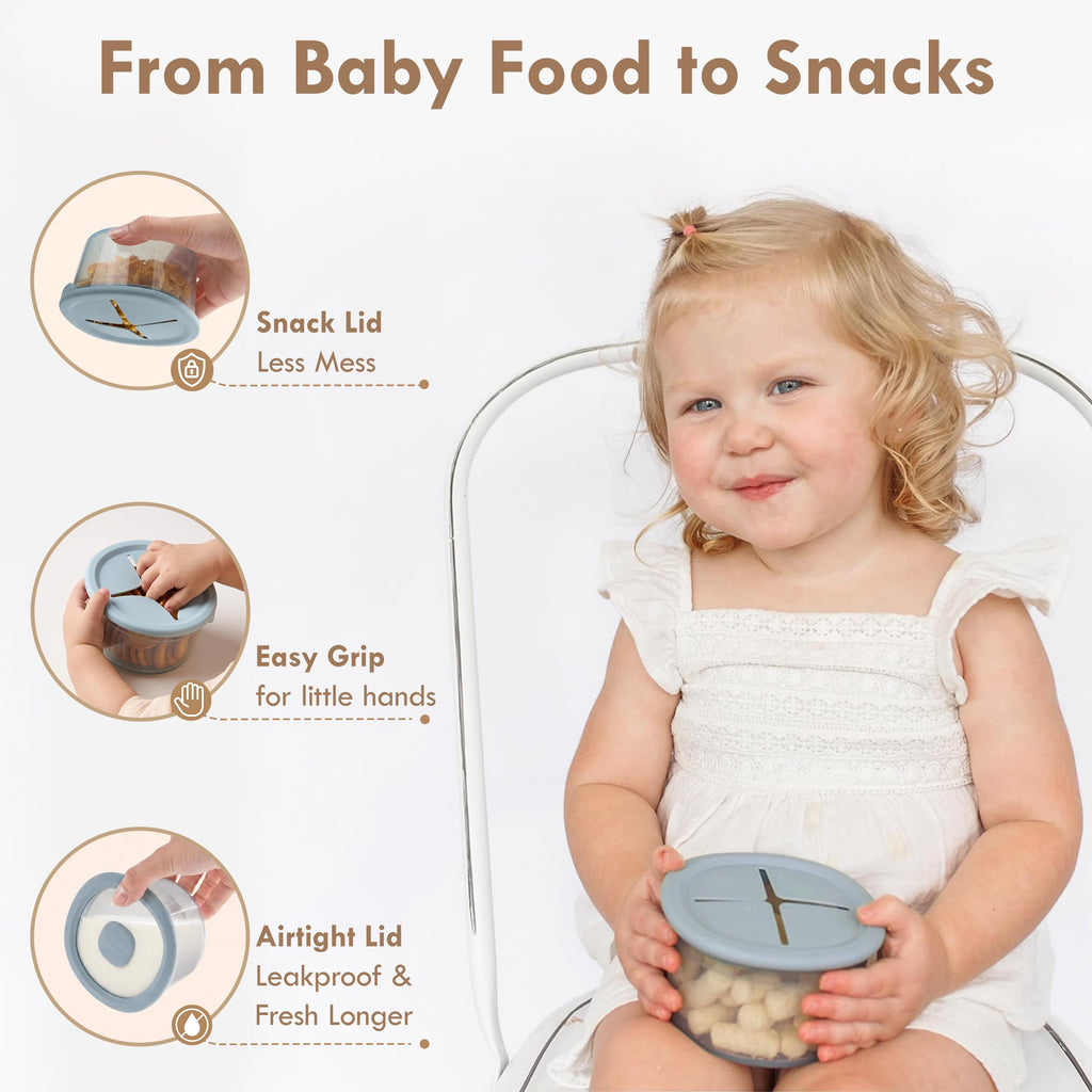 Silicone Snack Containers for Kids | 8 oz Baby Food Storage Containers with Airtight Lids and A Snack Lid | Baby Food
