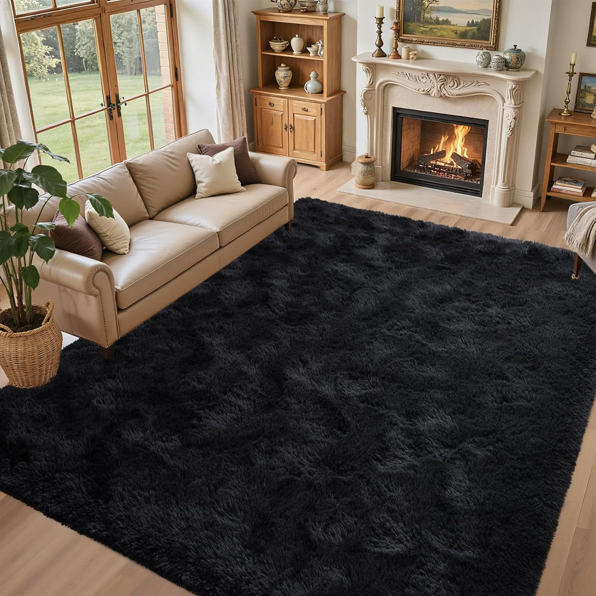 Black Area Rugs, Large Fluffy Shag Bedroom Rugs Non-Slip, Ultra Soft Plush Carpet Kids PlayRoom Dorm Office