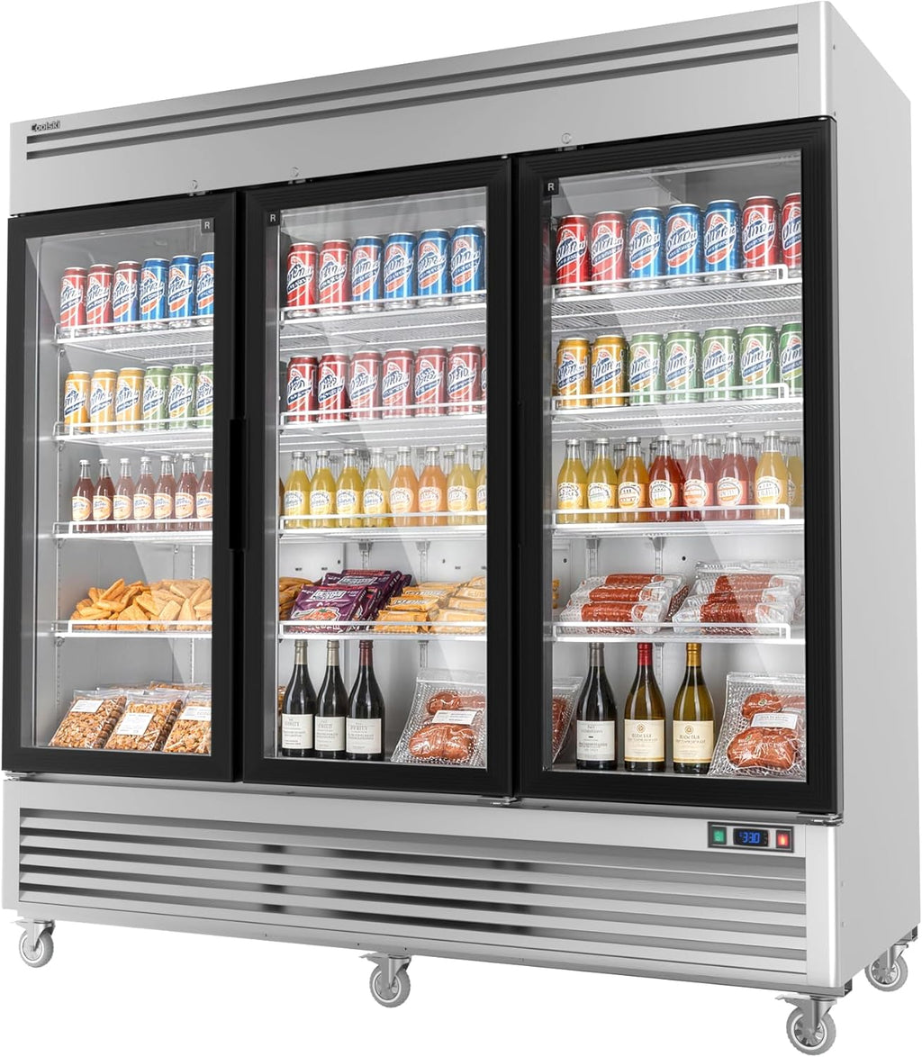 82" W 3-Door Commercial Beverage Refrigerator, 78.2 Cu.ft Glass Door Display Cooler Fridge