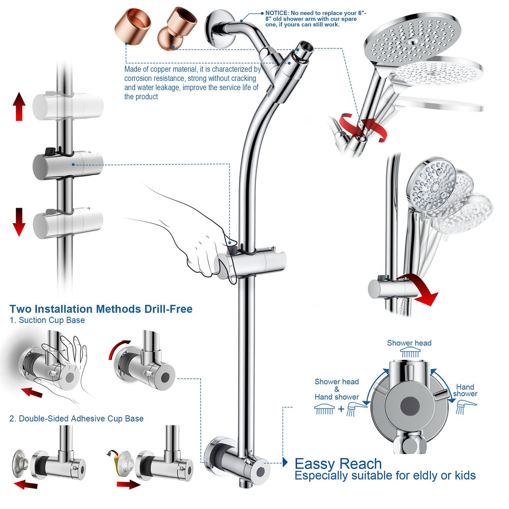 7.5" Rotatable Dual Shower Head with Handheld Combo, Kids Friendly Low 3-Way Diverter, Adjustable Slide Bar for Whole