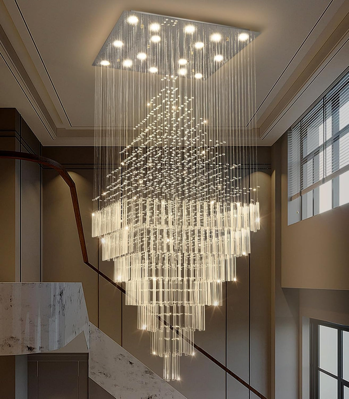 Square Glam Crystal Chandelier, 40 x 120 Inches Tall, LED Bulbs Included