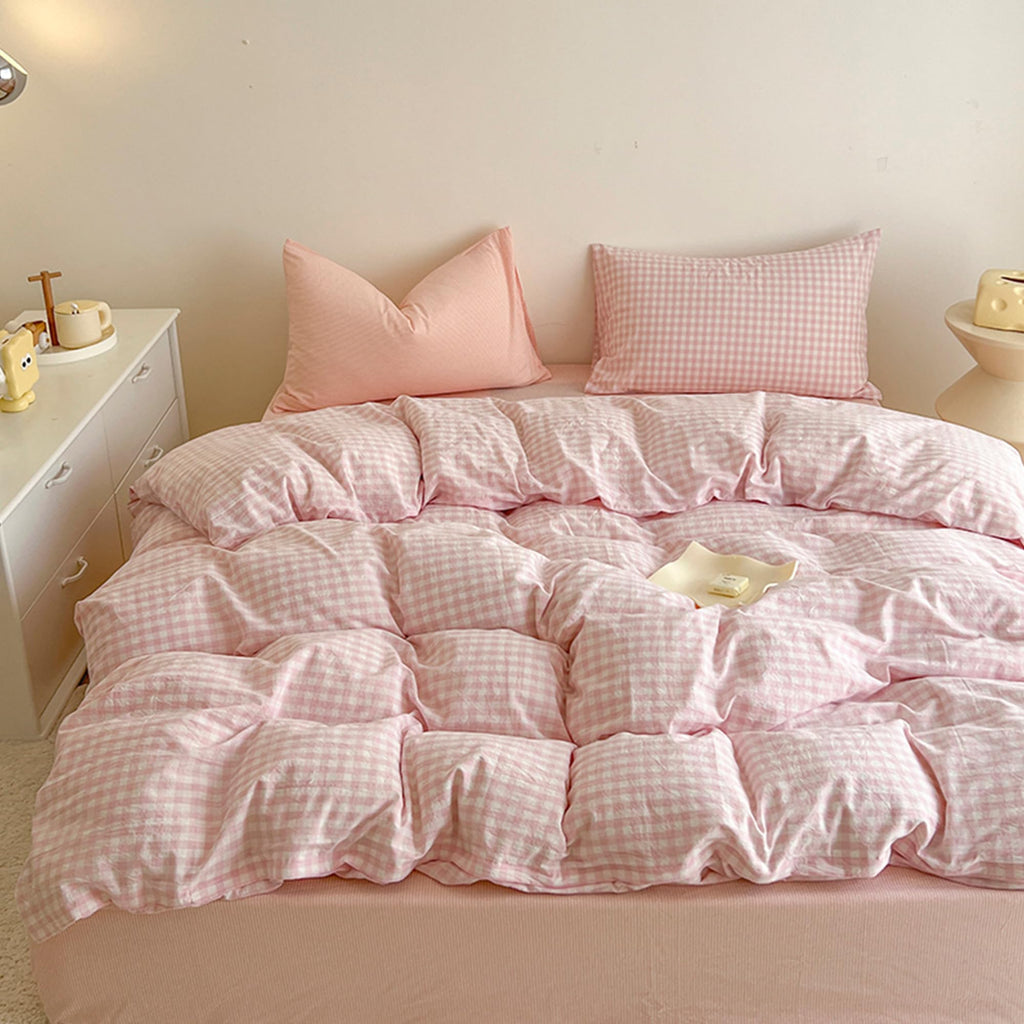 Pink Gingham Duvet Cover Set, Plaid Checkerd Bedding Set