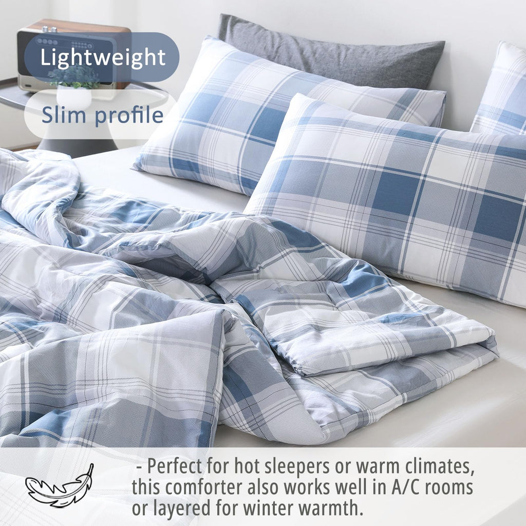 Modern Denim Blue Gray Plaid Cotton Comforter Set 3PC