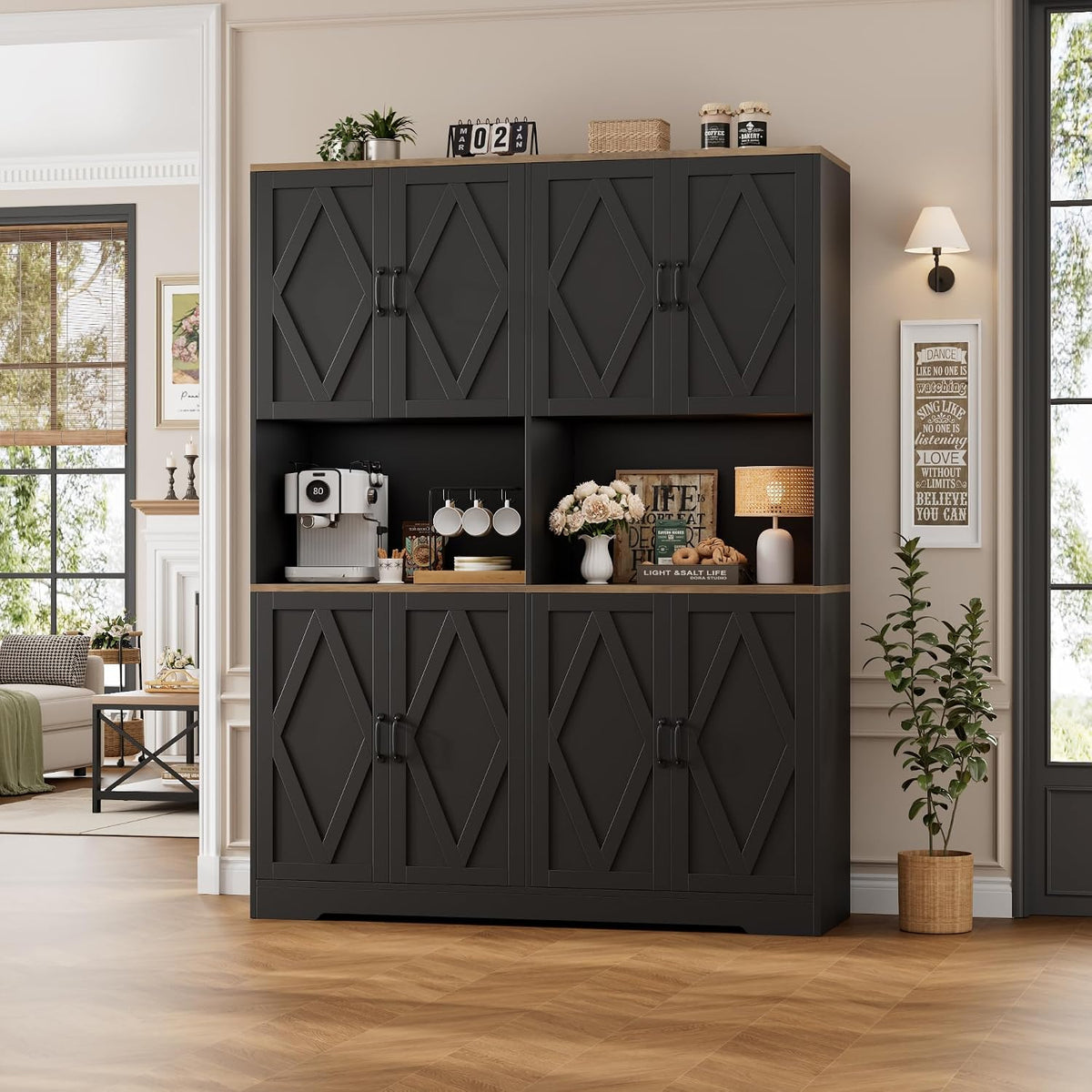 55" W Pantry Cabinet, 71" Tall Kitchen Hutch Storage Cabinet, Black