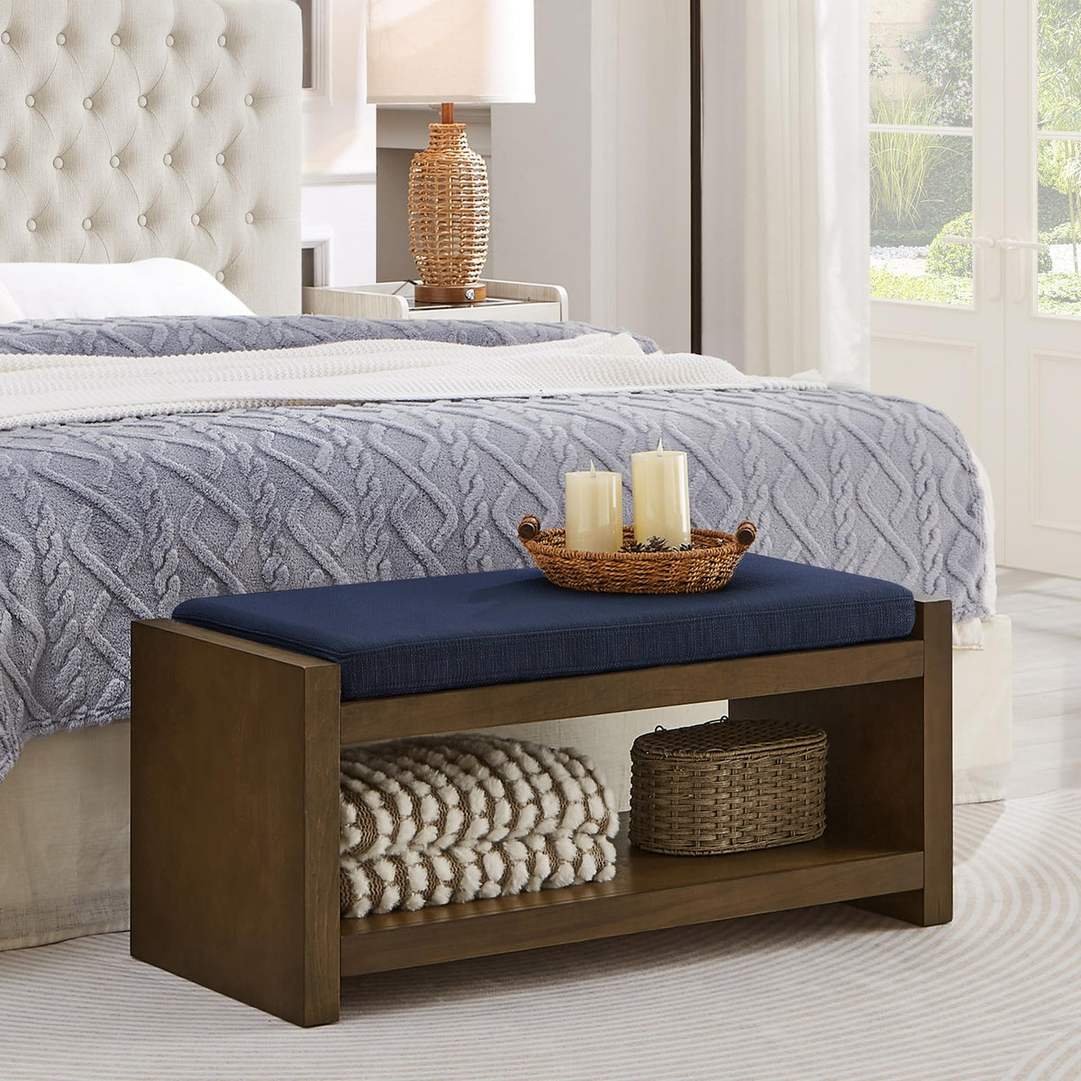 Shoe Storage Bench, 2-Tier Farmhouse Entryway Benches with Removable Cushion, Wooden Upholstered End of Bed Seat