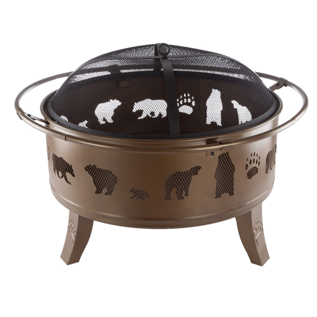32" Outdoor Deep Fire Pit-Round Large Steel Bowl with Bear Cutouts, Mesh Spark Screen, Log Poker & Storage