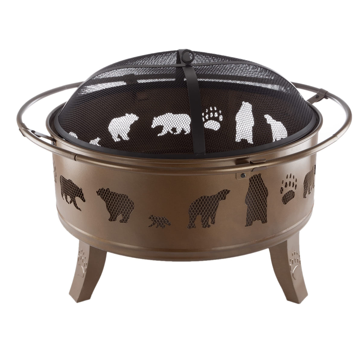 32" Outdoor Deep Fire Pit-Round Large Steel Bowl with Bear Cutouts, Mesh Spark Screen, Log Poker & Storage