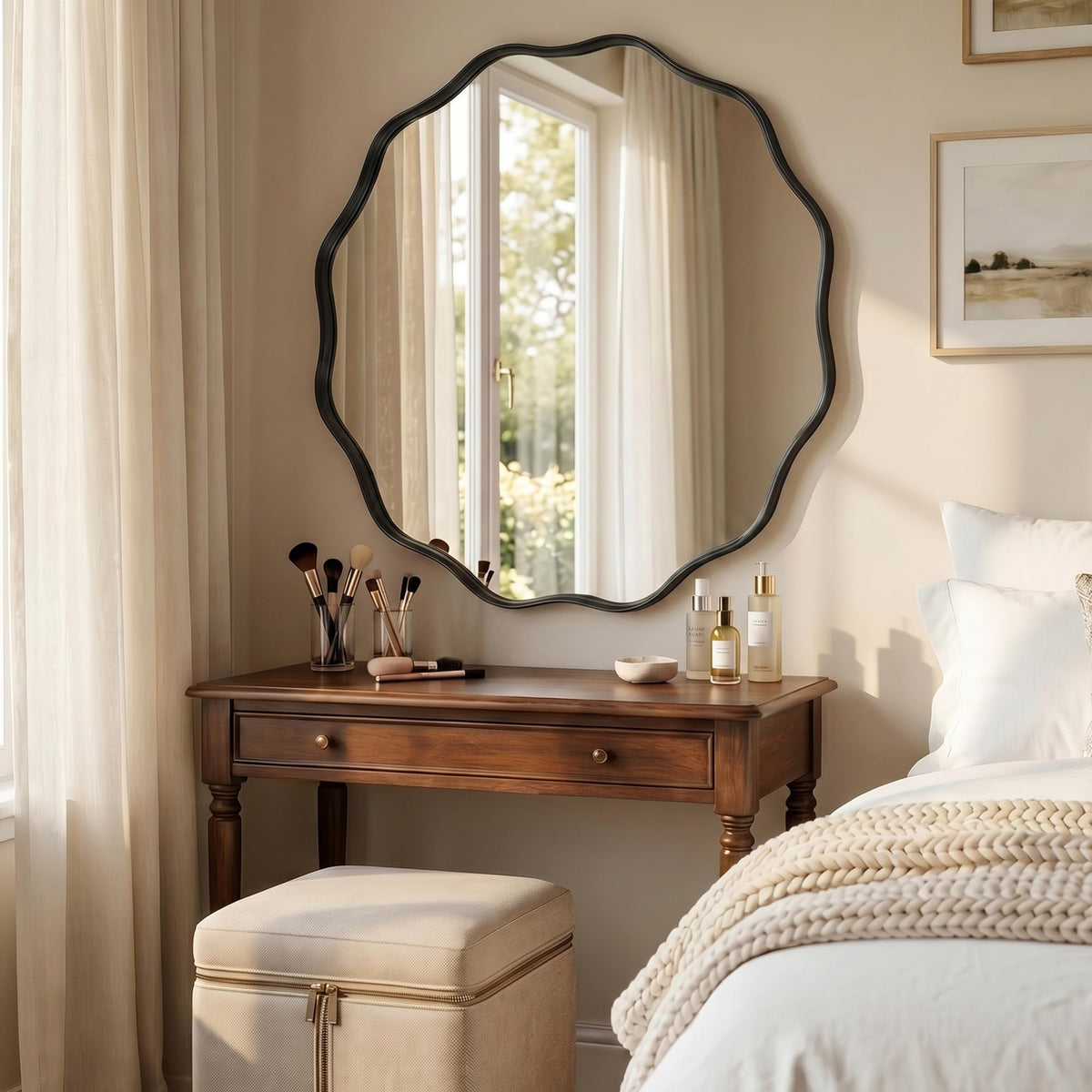 Black Scalloped Circle Mirror 30" Wavy Edge Round Wall Mirror