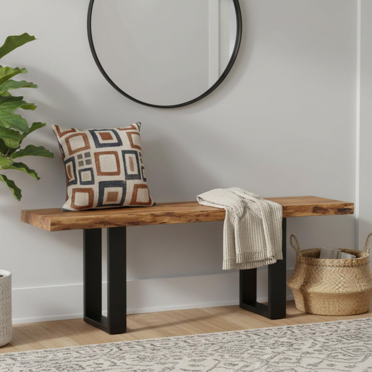 Alpine Live Edge Solid Wood Rustic Entryway Bench, Natural, 48"