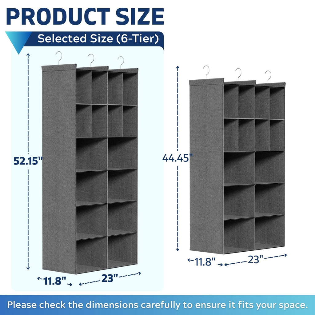 6 Tier Hanging Closet Organizer, 16 Compartments Dual Row Storage, Grey