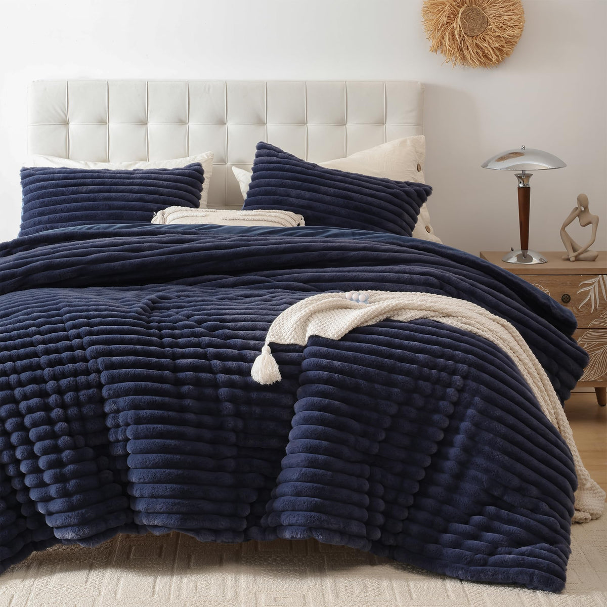 Fluffy Comforter 3 PCS - Navy Blue Fleece Bedding Set