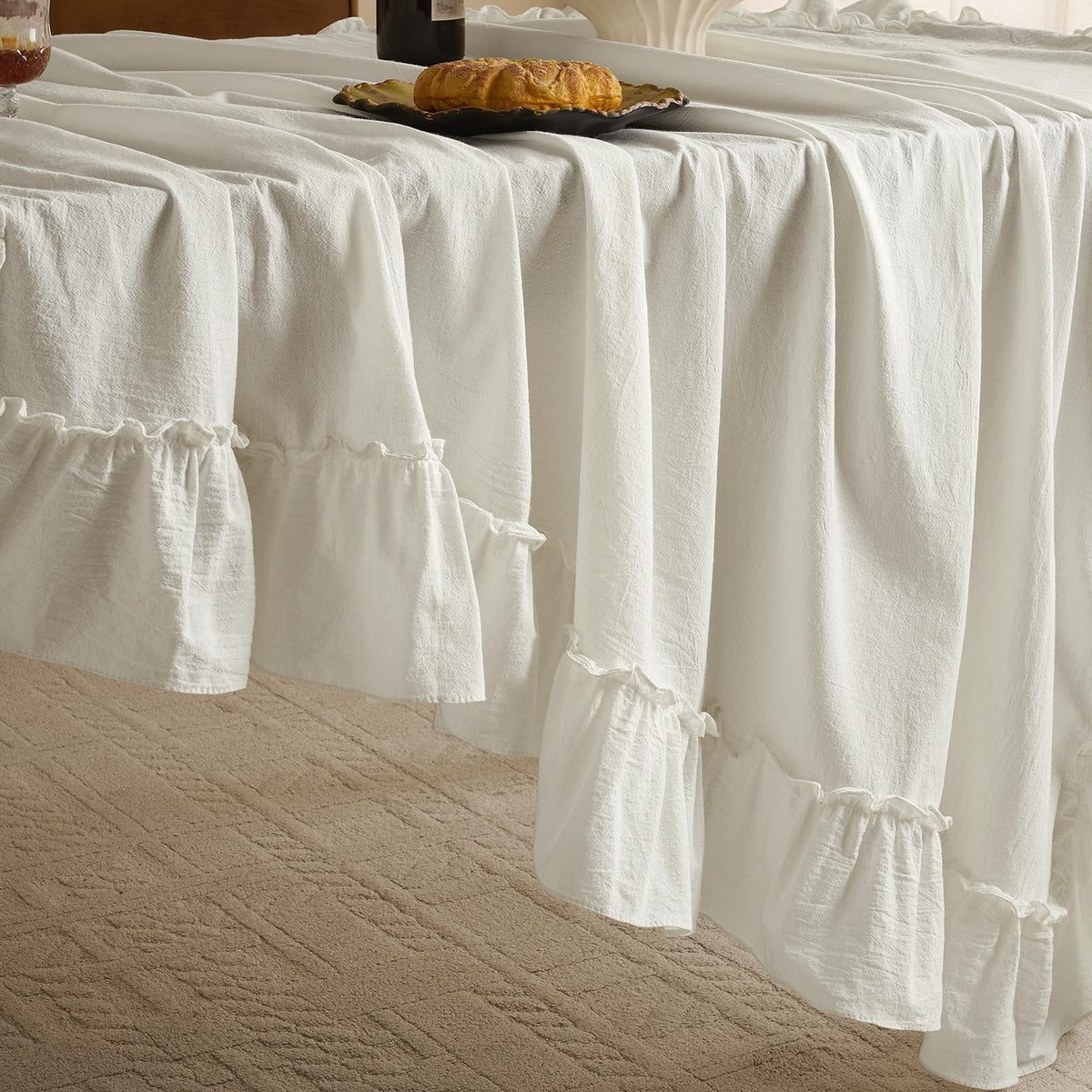 Ruffled Rectangle Tablecloth, White, 60 x 120 Inch