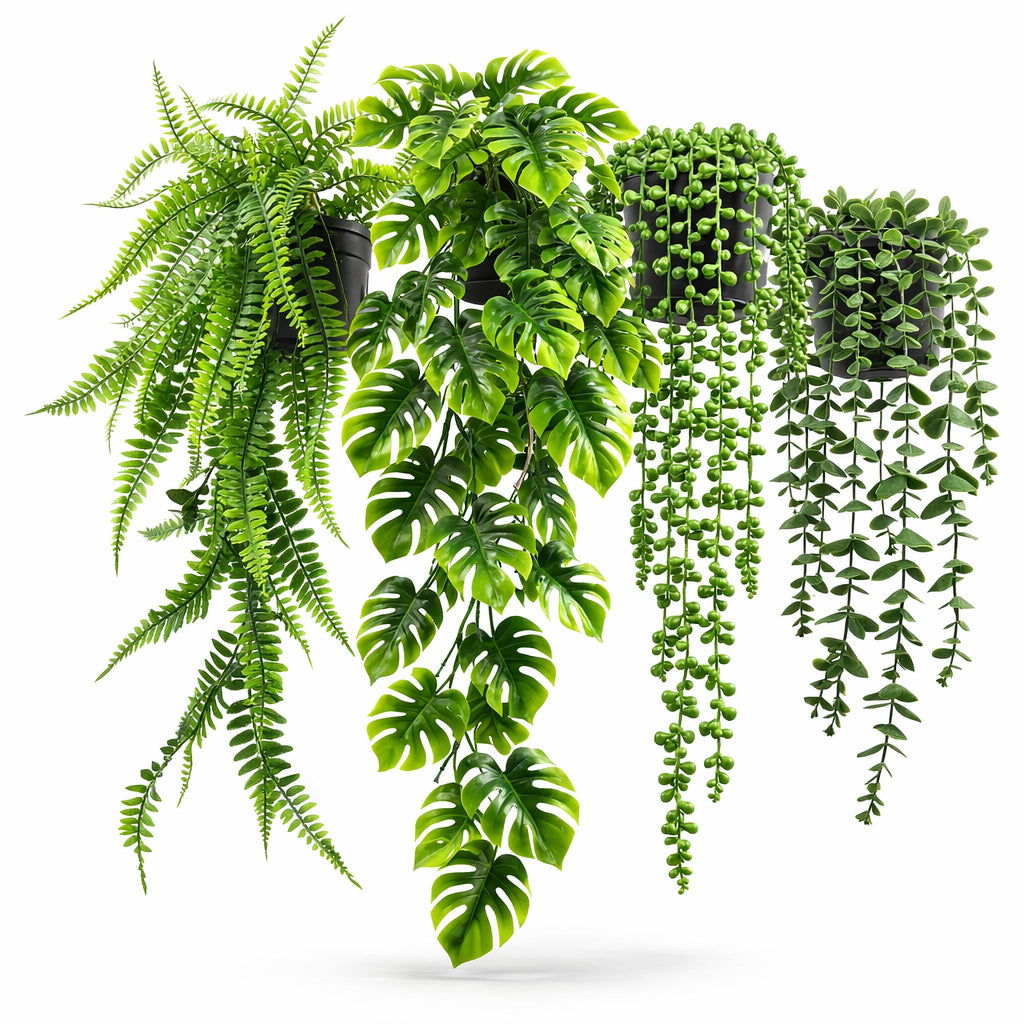 4 Pack Artificial Hanging Plants Indoor - Faux Hanging Wall Plants, String of Pearls, Eucalyptus & Monstera, Fake