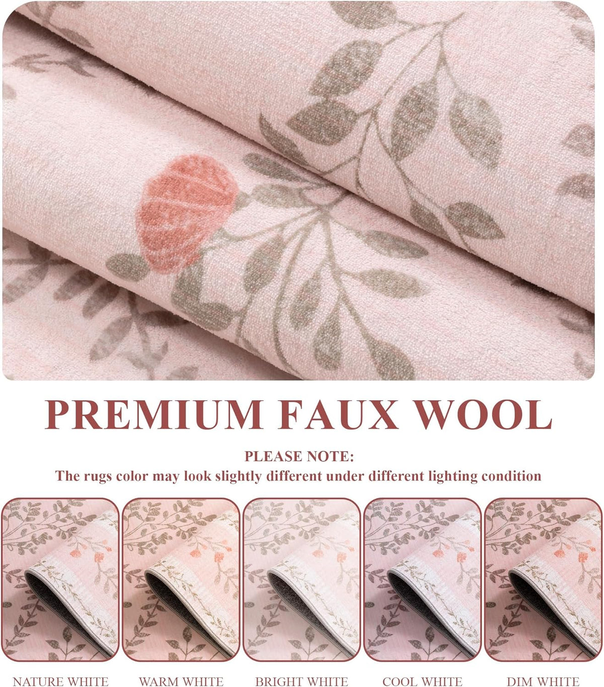 Pink Floral Rug for Bedroom Girls, Washable Area Rugs for Living Room Non Slip Ultra-Thin, Soft Throw Carpet for Nursery, Kids Playroom, Classroom, Home Office Decor