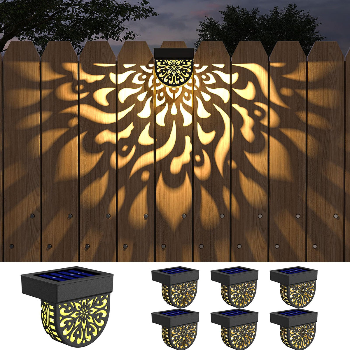 6 Pack Solar Fence Lights Wall lihgts Outdoor Decorations Solar Powered Step Deck Lights Warm Yellow Light Waterproof