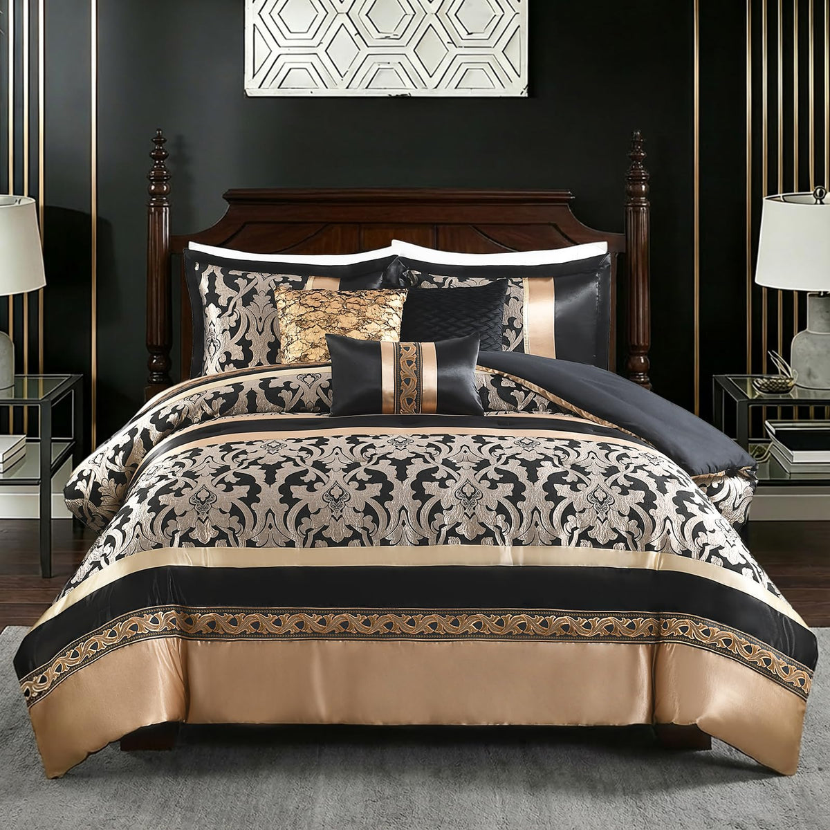 Black Gold Jacquard Comforter Set, 7PCS Bed in a Bag
