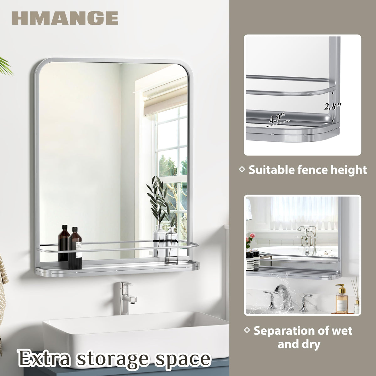 Sliver Bathroom Mirror with Shelf Vanity Mirror