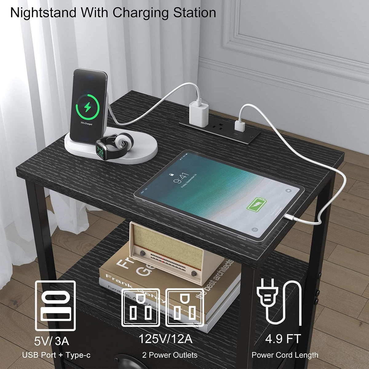 Nightstand with Charging Station, LED Night Stand Set 2, Bedside Table End Table Set of 2, Bedroom Table with 2