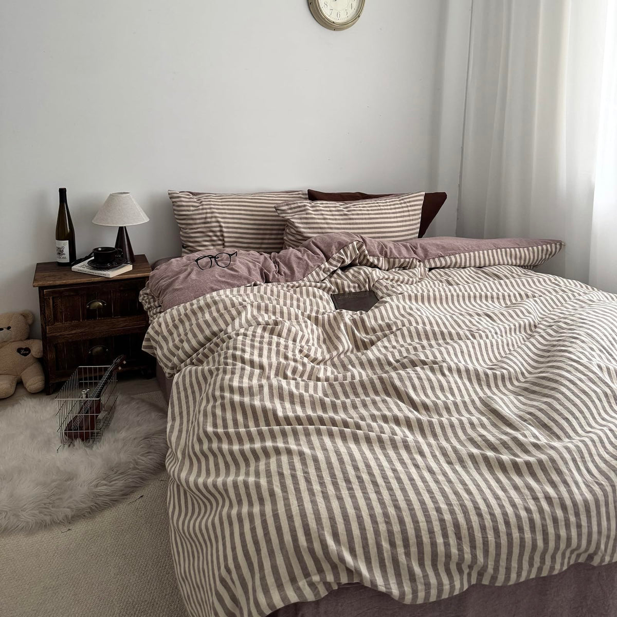 Coffee Striped King Duvet Cover Set Jacquard Linen Cotton Bedding