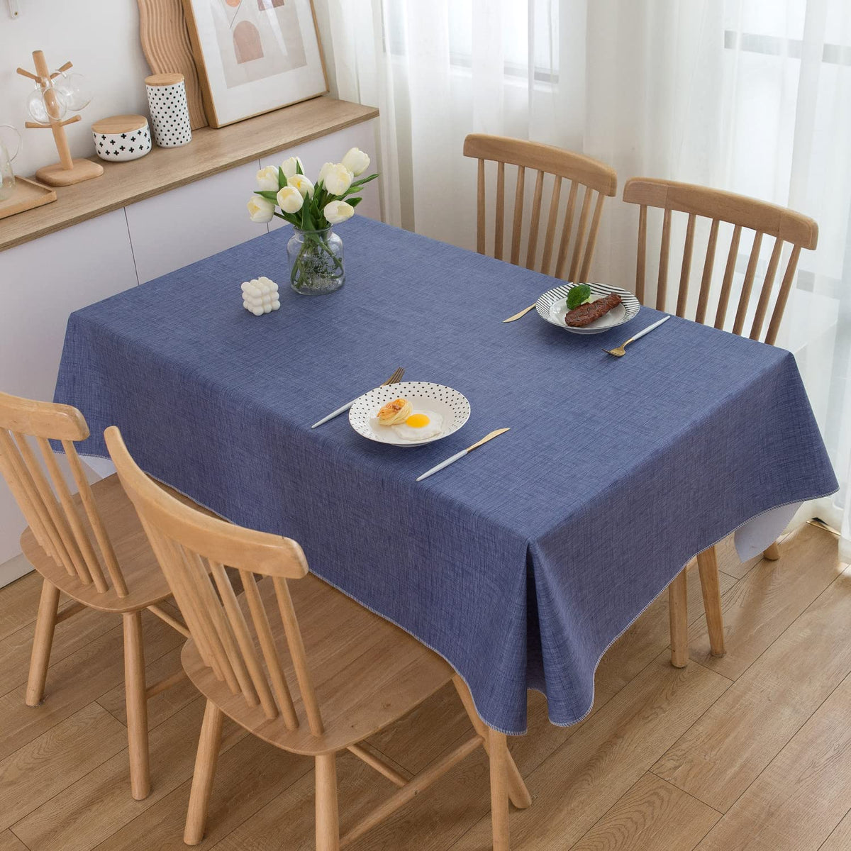 Vinyl Tablecloth with Flannel Backing Rectangle Waterproof Oil-Proof Plastic Table Cloth Wipeable PVC Table Cover for