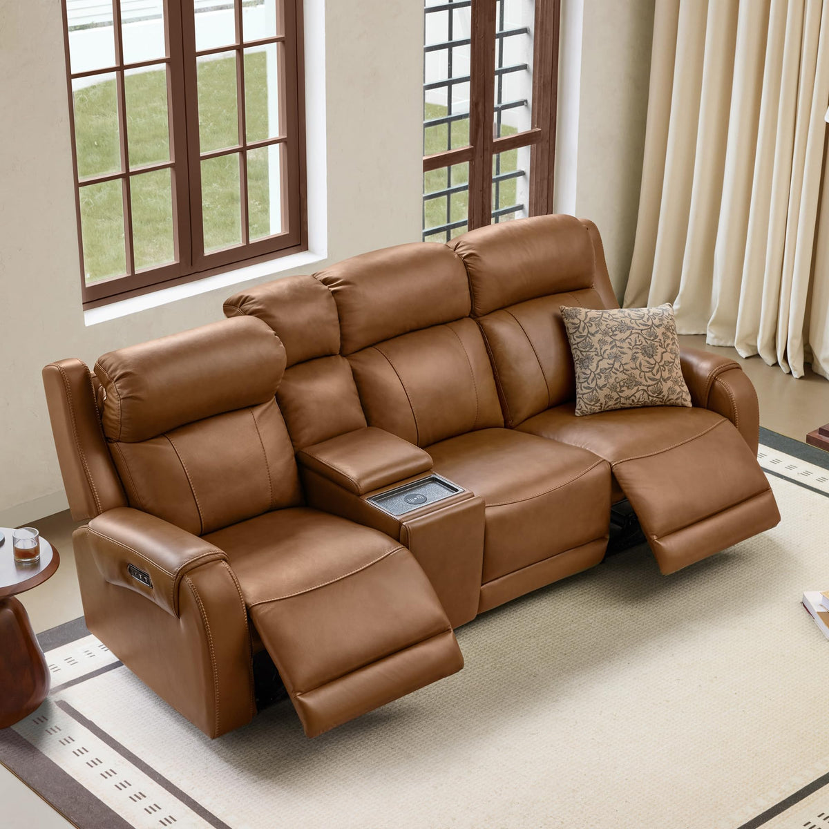Genuine Leather Power Recliner Sofa, 3 Seater with Console, Saddle