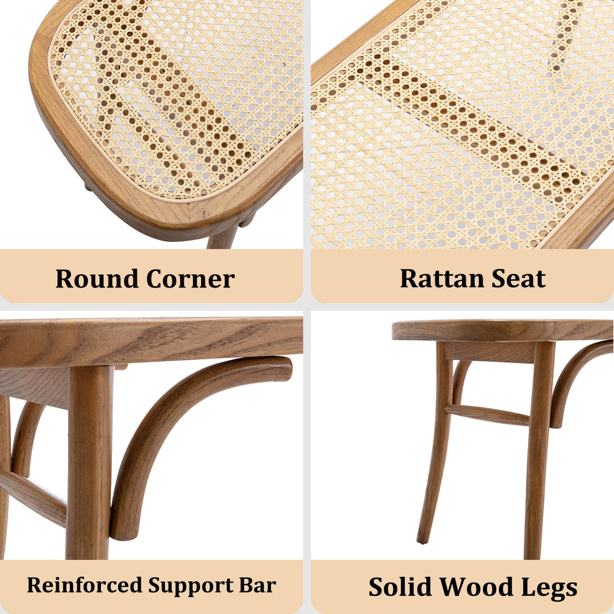 Farmhouse Wood Bench Seat Small Rattan Cane Bench Wicker Bench for End of Bed Living Room Entryway Foyer Indoor, Hand