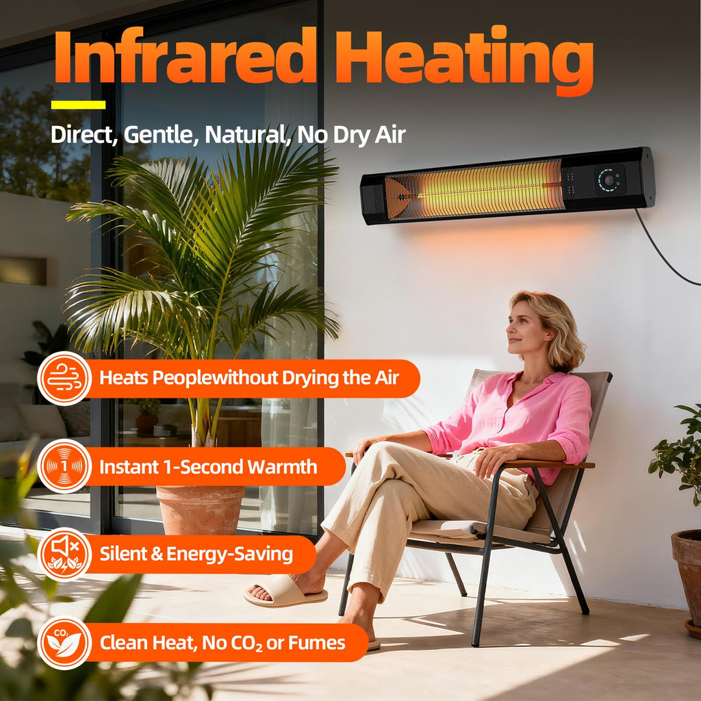 Wall-Mounted 34" 1500W Infrared Electric Patio Heater with Remote & Motion Sensor, 9 Heat Levels, 9H Timer, IPX5