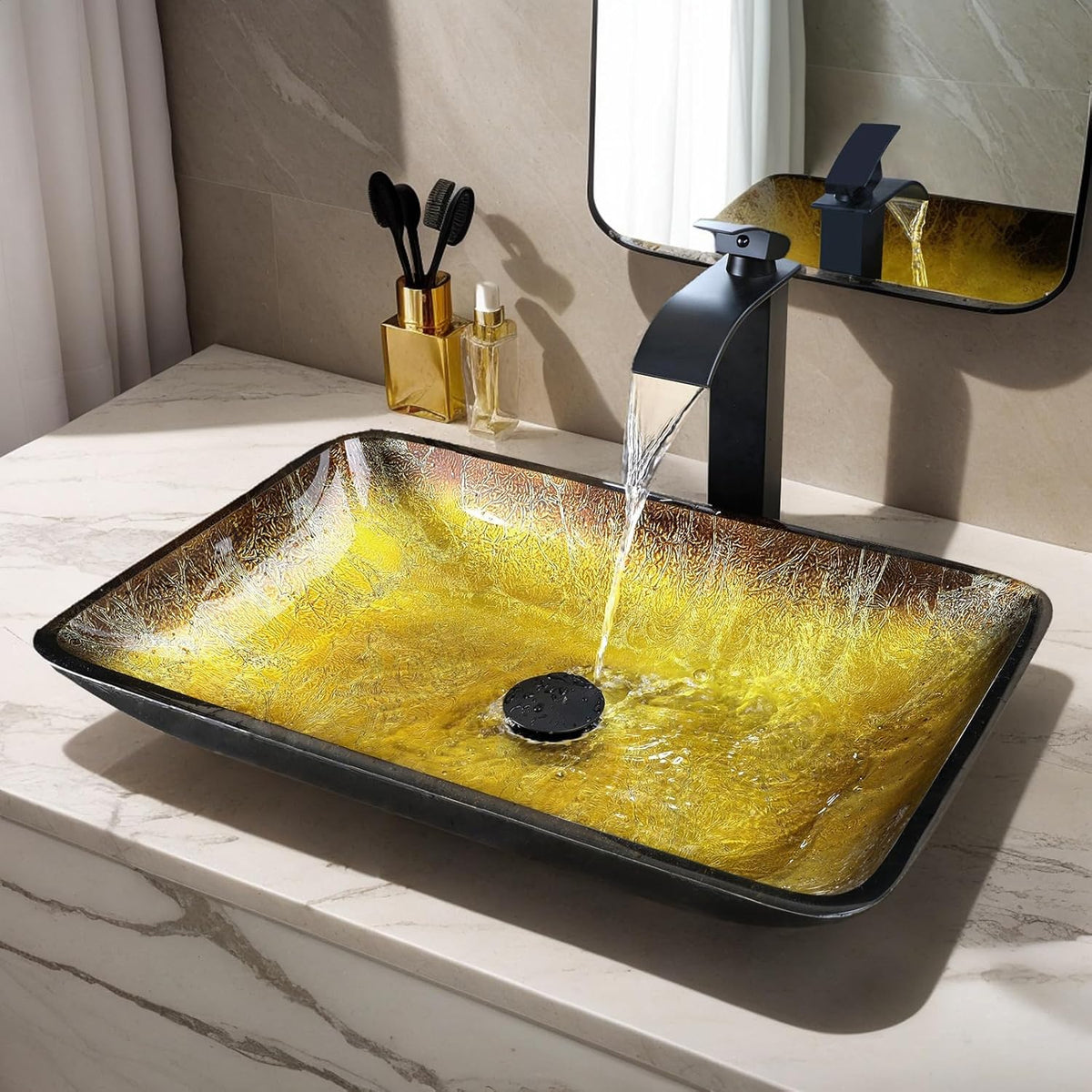 22 Inch Bathroom Vessel Sink Basin with Waterfall Faucet and Pop-Up Drain Combo,Gold Rectangular Glass Sink Bowl Above
