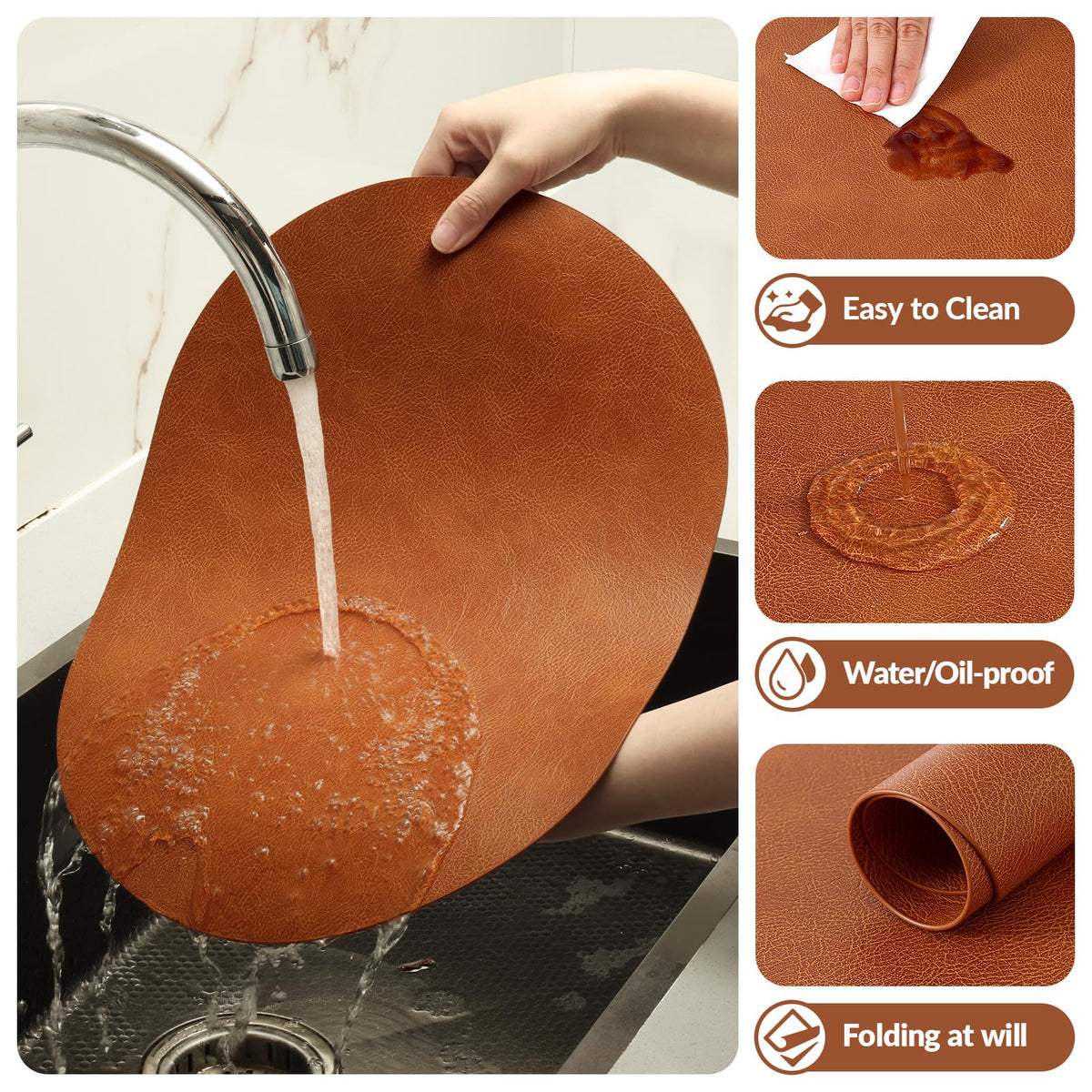 Heat Resistant Oval Placemats Set of 8 Non-Slip, Reddish Brown
