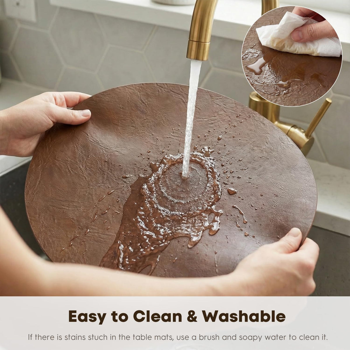 Brown Faux Leather Placemats Set of 6, 15 Inch Waterproof Wipeable Heat Resistant Vinyl Place Mats, Reversible Table