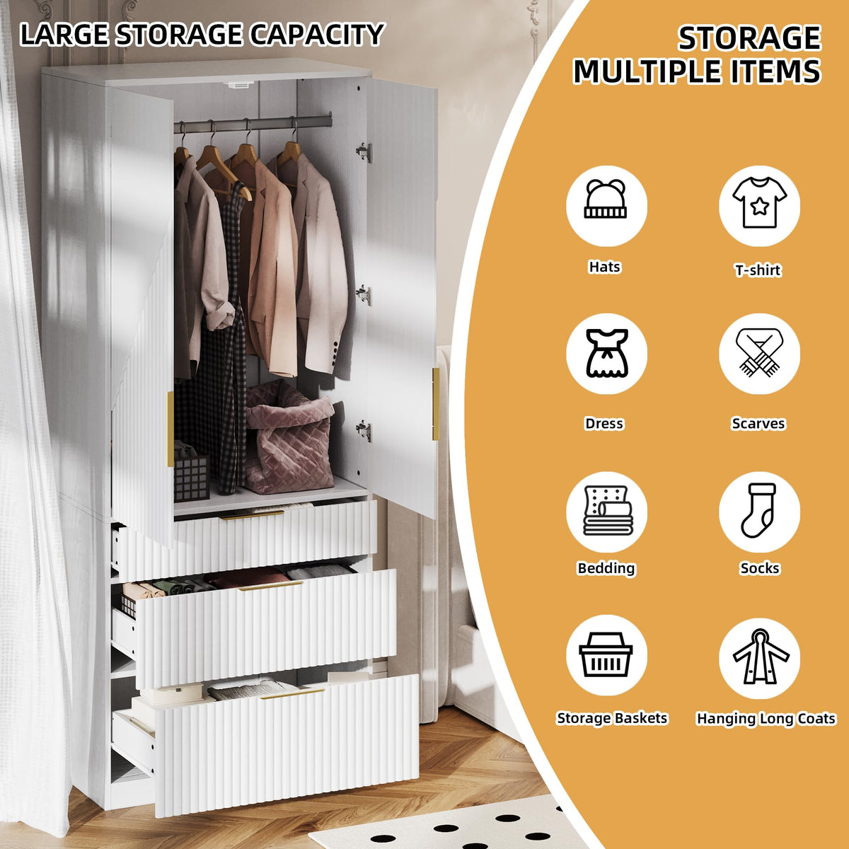 70" Wardrobe Armoire Wooden Closet with 2 Doors and 3 Drawers, Bedroom Armoire with Hanging Rod Shelf, Large Capacity